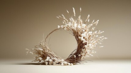 Obraz premium Photograph of a wreath made of dried grass and flowers. the wreath is circular in shape and is placed on a plain beige background.