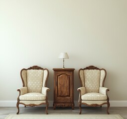 Pair of Beige Upholstered Armchairs with Wooden Carvings and a Small Wooden Cabinet with Lamp