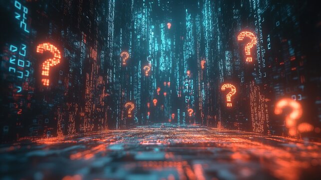 A digital ledger floating in the air, surrounded by question marks representing uncertain transactions