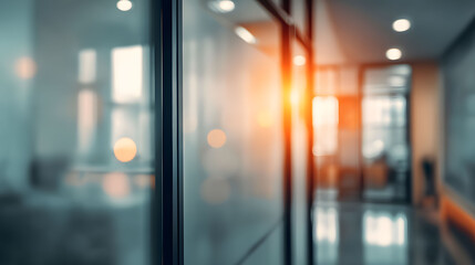 Dynamic office environment with blurred interior and doorway inspiring focus and creativity