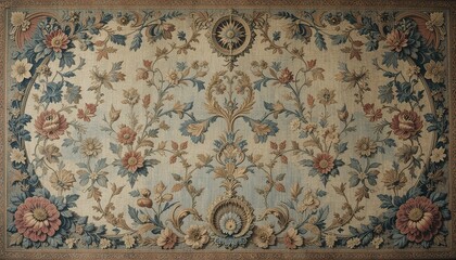 Intricate floral tapestry with symmetrical design and muted colo