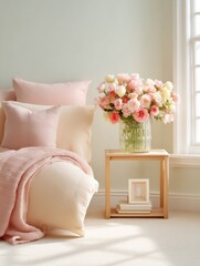Soft Serenity Minimalist Home Wellness Sanctuary with Blush Pink Comfort - Therapeutic Interior Design for Mindful Living Spaces