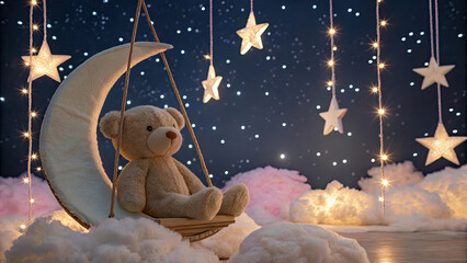 Cute teddy bear sits on crescent moon swing surrounded by fluffy clouds, glowing stars, and string lights, creating dreamy night sky scene