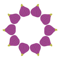 Round frame of figs in Hand drawn style. Colorful arrangement of fig illustrations forming a circular pattern on a bright background