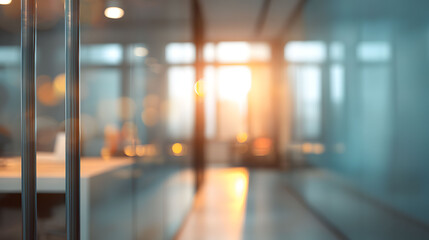 Business meeting reflection modern office blurred interior urban environment warm lighting