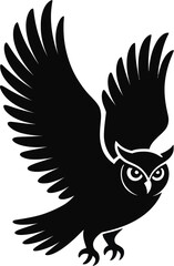 Elegant black and white silhouette of an owl with wings spread in flight for design