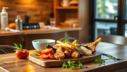 a healthy meal on a wooden table with lighting that gives a calm and warm impression