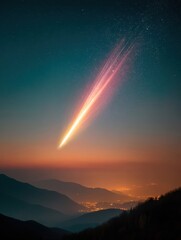 Obraz premium Cosmic Journey Ethereal Meteor Streak Illuminates Mountainous Landscape - Immersive Astronomical Visualization for Climate Tech and Spatial Storytelling