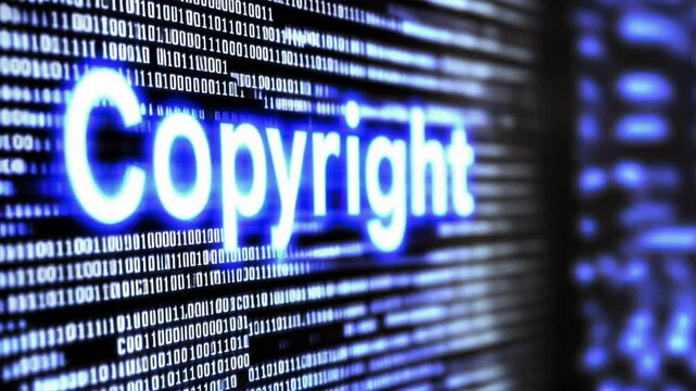 Word copyright glowing on digital screen with code lines, representing online intellectual property, copyright protection, ip rights in digital technology