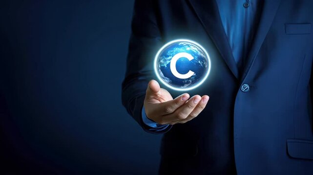 Businessman holding hologram planet with copyright sign, protecting global intellectual property, copyright protection, ip rights across worldwide businesses