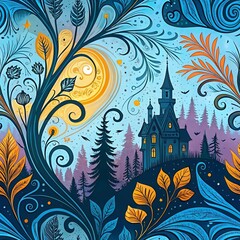 Seamless abstract floral vector illustration with grunge leaves and floral design elements with a castle in the background, enchanting like a fairy tale.