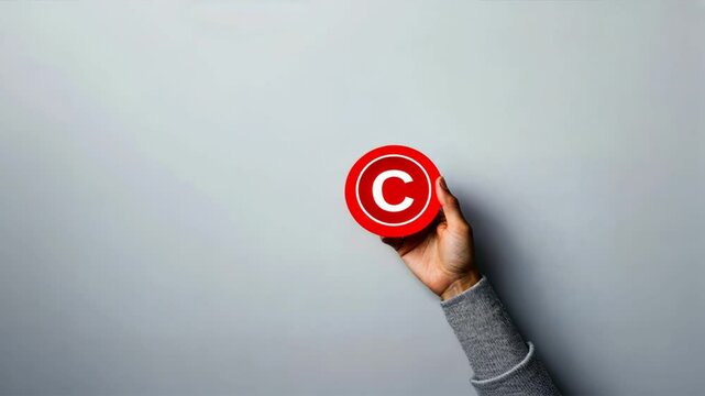 Hand holding copyright symbol on gray background, focusing on protecting intellectual property, copyright protection, ip rights ownership in modern world