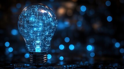 A cybernetic lightbulb with circuit patterns glowing in electric blue