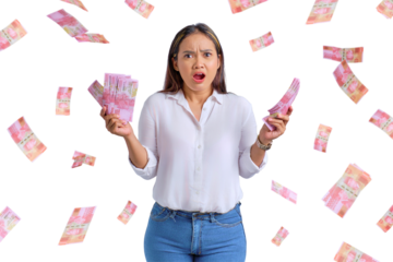 Shocked young Asian woman holding money banknotes isolated on transparent background