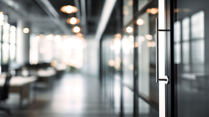 Office interior scene with blurred door modern workspace contemporary design soft lighting