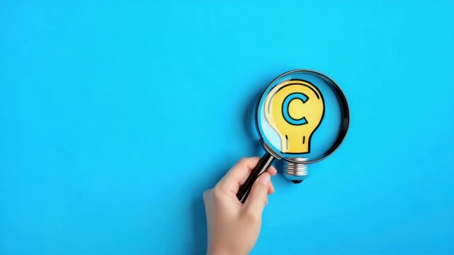 Hand holding magnifying glass over light bulb with letter c on blue background, exploring new ideas under intellectual property, copyright protection, ip rights