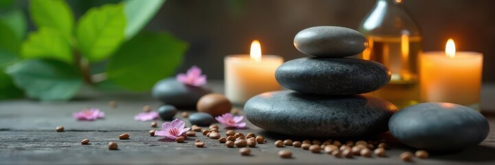 Smooth, polished spa stones, aromatic candles, essential oil bottles , escape, indulgence, treatment