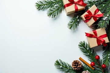 Snowy fir branches, gifts, cones, caramel stick, red berries, festive arrangement , xmas, brown, background