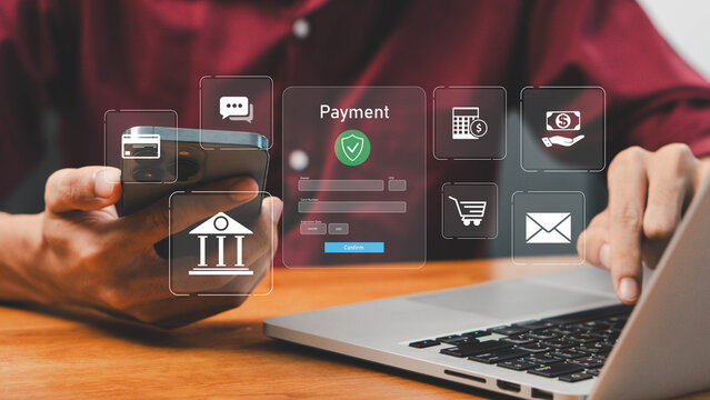 financial technology or FinTech concept. business man using smartphone transfer money,  internet banking, bill payment, digital wallet, online shopping and payment via mobile banking apps.