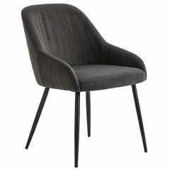 A stylish dark grey fabric chair featuring black metal legs, combining modern elegance with minimalist design,