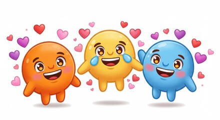 Obraz premium Three cartoon emojis with hearts isolated on white background