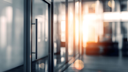 Elegant blurred office interior with glass door modern workspace bright environment tranquil view