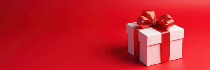 Obraz premium White gift box with ribbon, red background, copy space, celebration, surprise