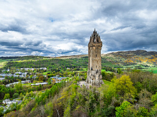 The National Wallace Monument or William Wallance Monument from a drone, Stirling, Scotland, England