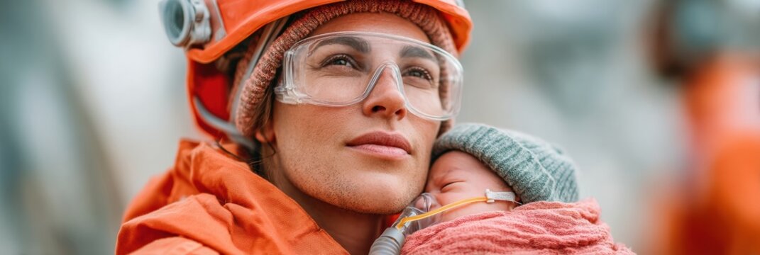Nurturing Heroes International Midwives Day Wellness Narrative - Sustainable Care, Protective Gear and Intimate Maternal Bonding in Industrial Safety Aesthetic