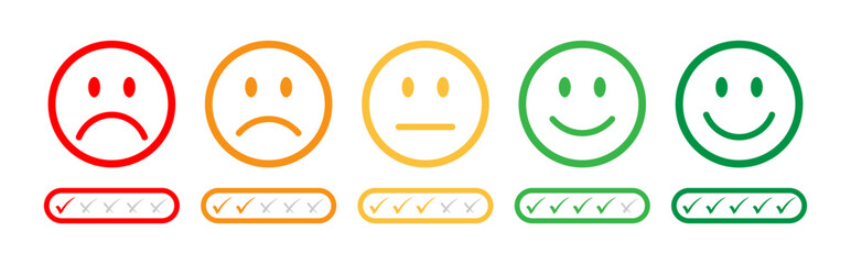 Obraz premium Emoji feedback scale using checkmarks for rating, from sad to happy faces. Ideal for professional surveys, assessments, evaluations, and UX design templates. Rating emoji, feedback emoji, icons.