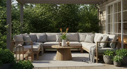 Fototapeta premium Outdoor sectional sofa with a round coffee table and plants