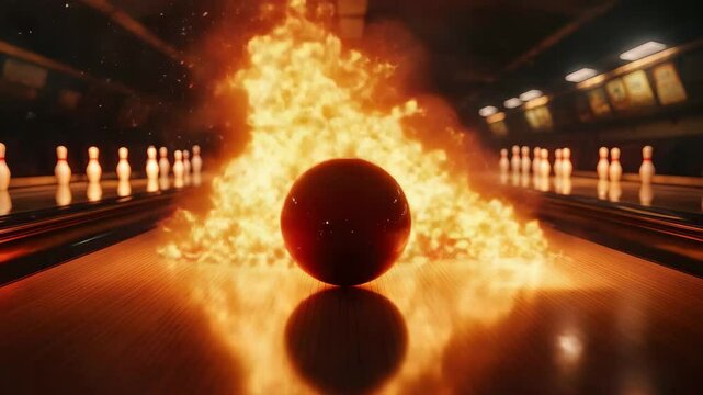 Bowling ball is rolling down a lane with a fire ball behind it. The scene is set in a bowling alley with multiple bowling balls scattered around