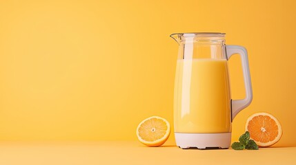 juice blender clean concept Fresh orange juice in a clear pitcher beside sliced oranges against a bright yellow background.