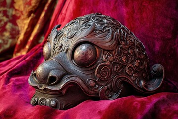 Detailed metal sculpture of a mythical creature's head.