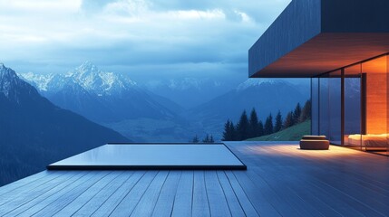 Fototapeta premium Modern Mountain Home with Infinity Pool. Wooden Deck, Stunning Alpine View at Twilight.