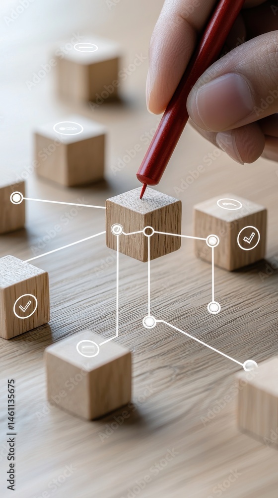 Poster strategic network building and connection concept with wooden blocks network concept pen cube dots