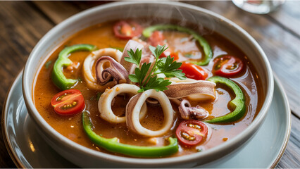 Seafood soup with squid, tomatoes & veggies &ndash; top view, perfect for menus, recipes, or diet plans.