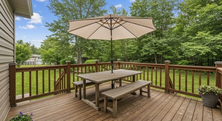 Obraz premium Outdoor dining set with umbrella on wooden deck
