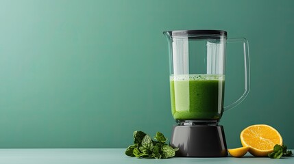 juice blender clean concept A blender with green smoothie and orange slice on a minimalist background.