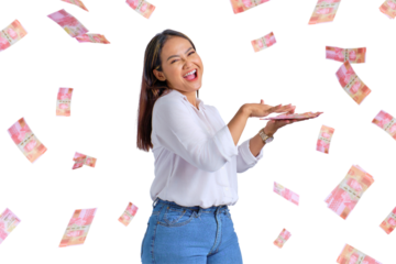 Cheerful young Asian woman throwing money banknotes isolated on transparent background