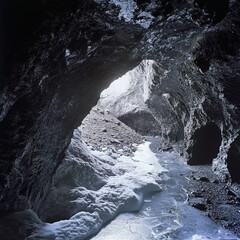 Explorer inside ice cave at Vatnajokull glacier, Iceland
