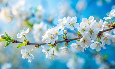 Obraz premium White Blossoms on a Branch Against a Soft Blue Background