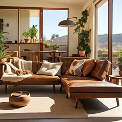 Obraz premium A stylish mid-century modern living room featuring a leather sectional sofa,