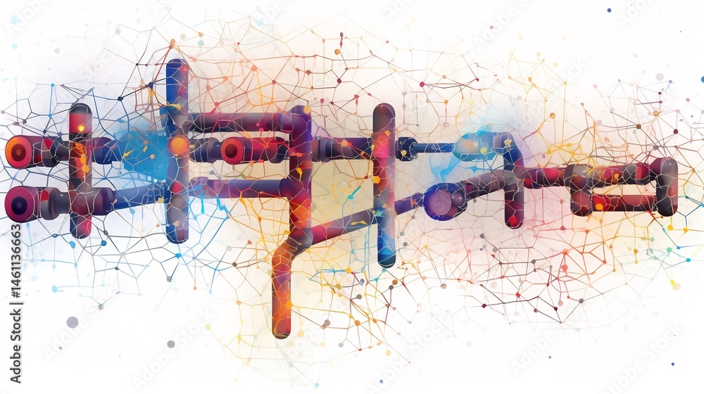 Poster interconnected system: a network of colorful elements linked by a complex web