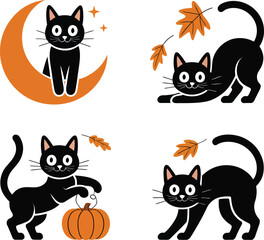 Obraz premium Halloween themed vector illustrations featuring black cats pumpkins bats and crescent moons for holiday designs