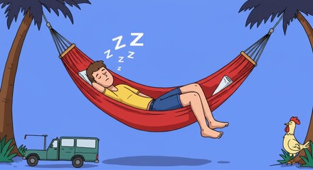 Peaceful Siesta in Paradise: Man Napping in Hammock Under Palm Trees