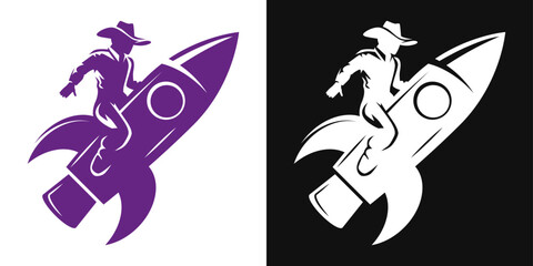 Silhouette space cowboy logo. Rodeo rider on rocket icon. Futuristic western vector symbol.