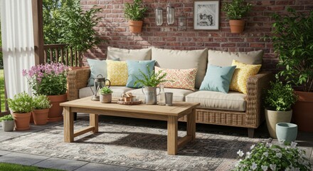 Outdoor patio setup with sofa, table, and potted plants