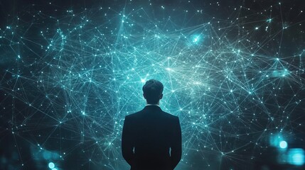 A CEO standing in front of a massive virtual network map of their business ecosystem