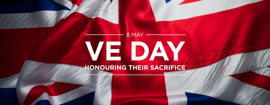Vibrant VE Day Tribute: Union Jack Flag with 'Honouring Their Sacrifice' Text